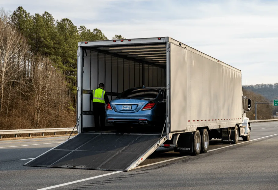 Covered car transport protecting a high-value vehicle
